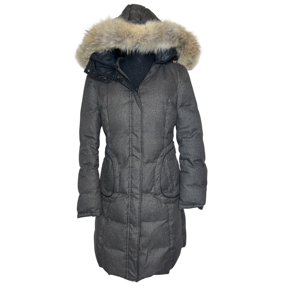 Soia & Kyo Herringbone Brown Down Parka Real Coyote Fur Trim L